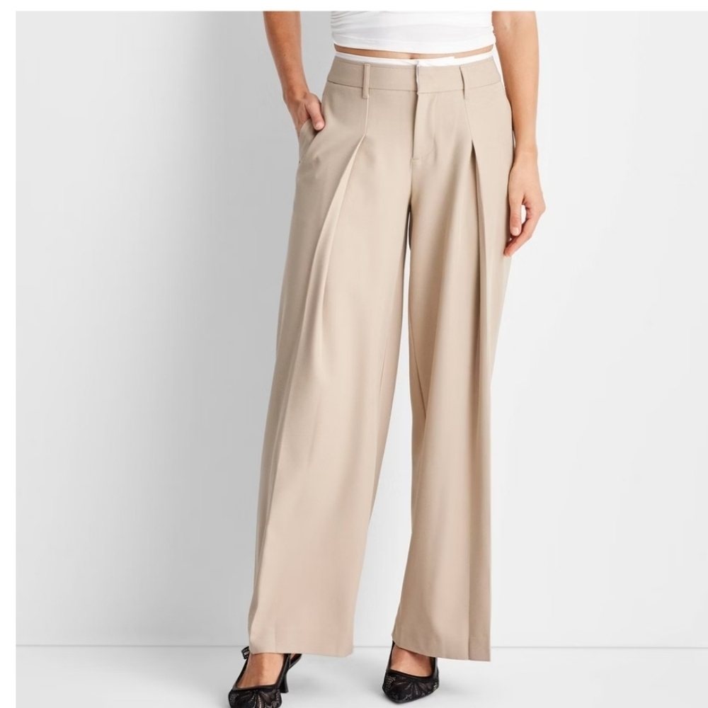 Women's Mid-Rise Wide Leg Contrast Waistband Trousers Future Collective Khaki L